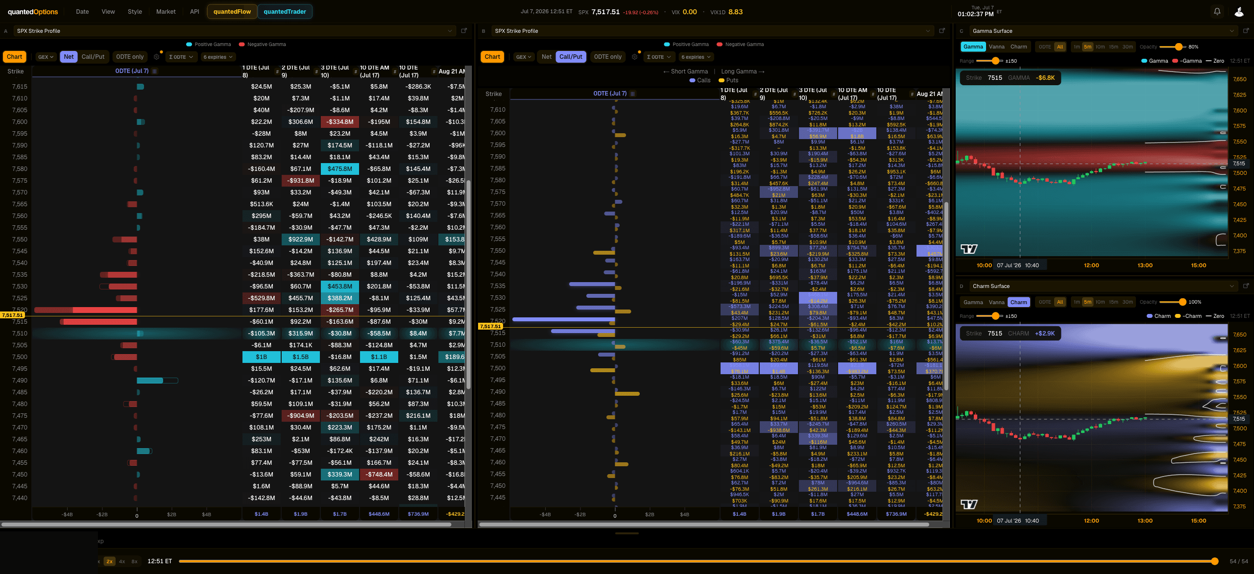 quantedOptions Lite dashboard: SPX strike profiles with gamma and charm surfaces
