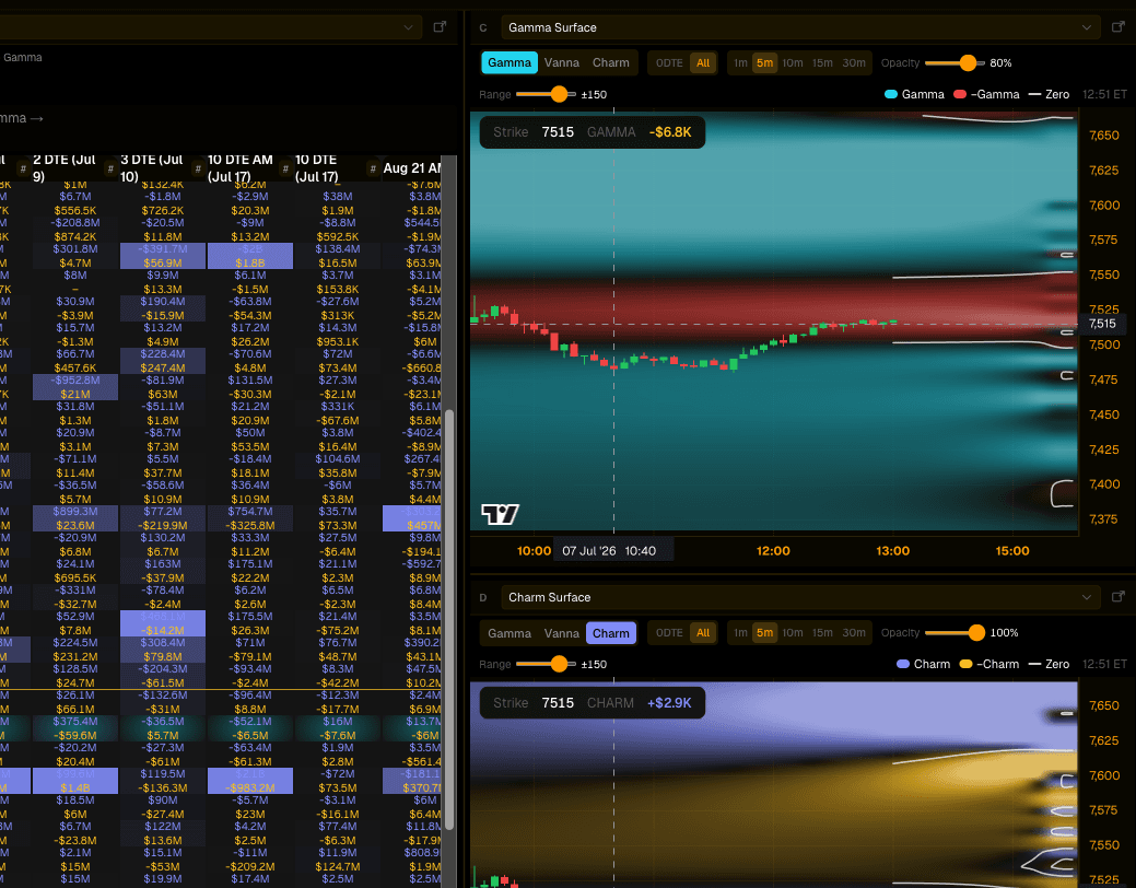 quantedOptions Lite gamma and charm surfaces over SPX price candles